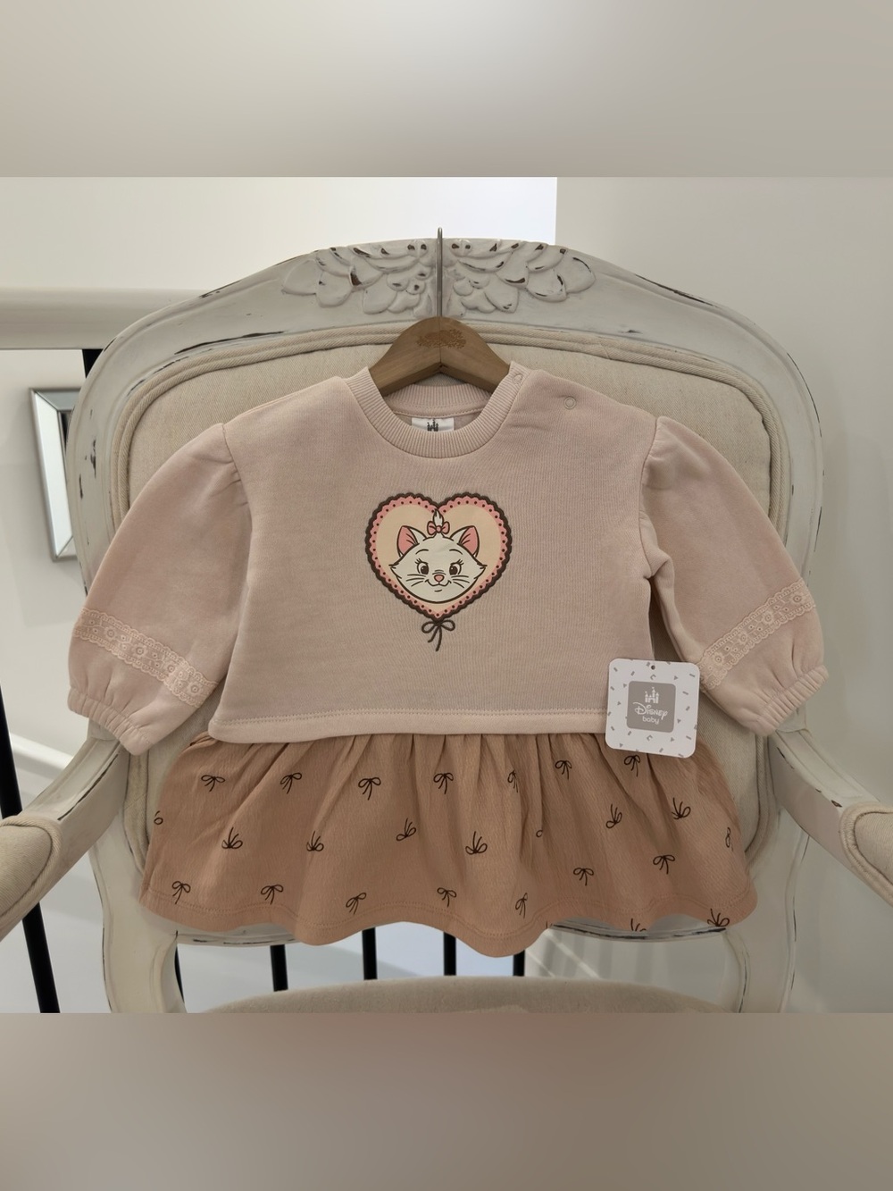 🤍 6~12 Mth Disney Marie Blush Pink Ruffled Cotton Dress With Heart Appliqué NWT